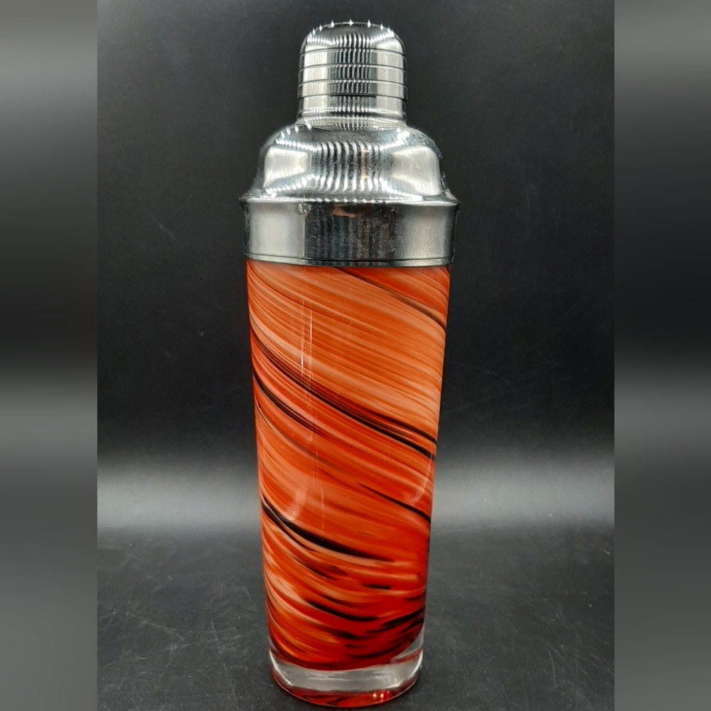Pier 1 Murano Style Glass Cocktail Shaker Stainless Lid Orange Swirl Barware